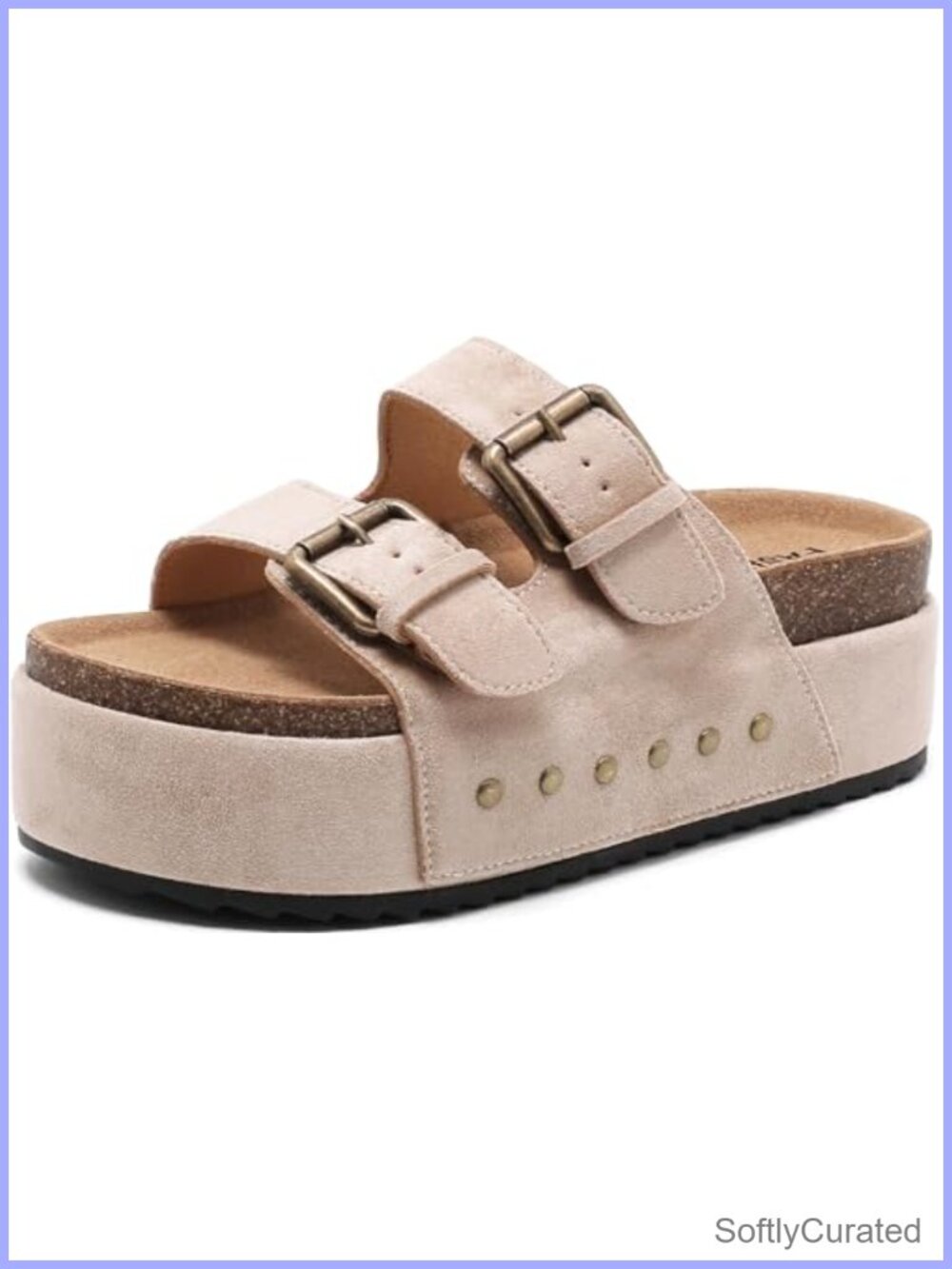 Platform Sandals Cork Footbed Slide Sandals with Double Buckles